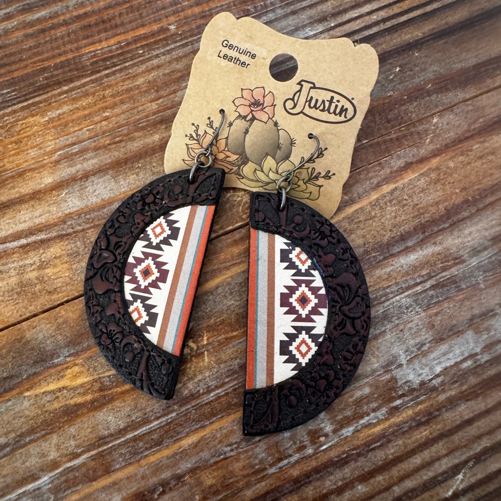 Justin Boots Southwestern Tooled Leather Boho Earrings in Brown and Cream NEW!